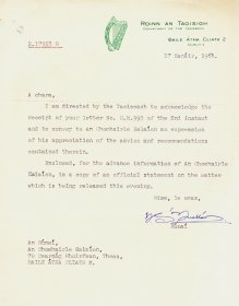 Letter from Dr N.S. Ó Nualláin to the Secretary to the Arts Council. 